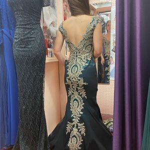 EVA USA Dark Green and Gold Formal Ballgown